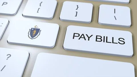 Massachusetts State Flag and Pay Bills Text on Button 3D Illustration Stock Illustration