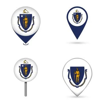 Massachusetts State Flag Map Pin Icons Set Collection Stock Illustration