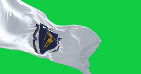 Massachusetts state flag waving isolated on green background Stock Footage 264081445
