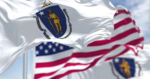 Massachusetts state flags waving along with the national flag of the US Stock-Footage 196879984
