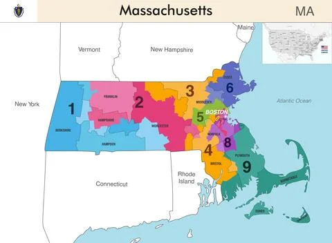 Massachusetts state map with counties borders and congressional districts Stock Illustration