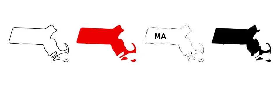 Massachusetts state map icon set. US state silhouette with outline, solid f.. Illustrazione stock