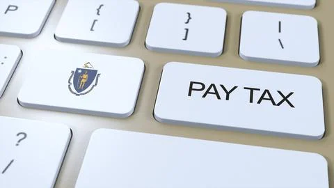 Massachusetts State Pay Tax 3D Illustration. Flag of State Stock Illustration