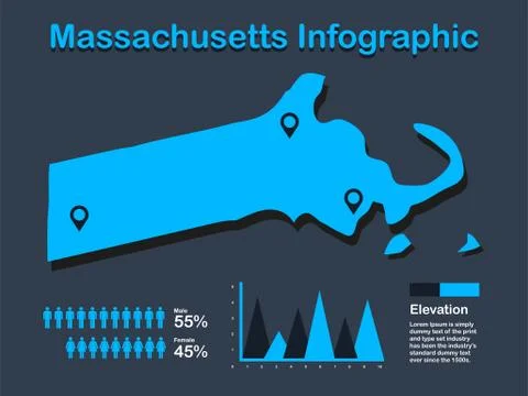 Massachusetts State (USA) Map with Set of Infographic Elements in Blue Color Stock Illustration