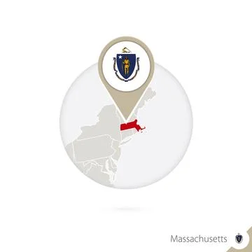 Massachusetts US State map and flag in circle. Map of Massachusetts, Massac.. Stock Illustration