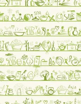 Massage and spa design elements on shelves, seamless pattern Stock Illustration