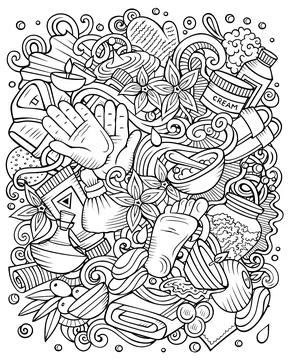 Massage hand drawn raster doodles illustration. Spa salon poster design. Stock Illustration