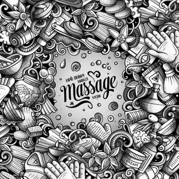 Massage hand drawn vector doodles illustration. Spa salone frame card Stockillustratie