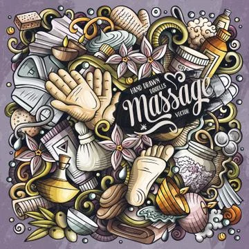 Massage hand drawn vector doodles illustration. Spa salon poster design. Stockillustratie