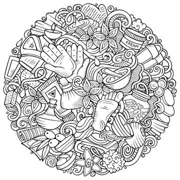 Massage hand drawn vector doodles round illustration. Spa salon poster design Stockillustratie