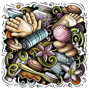 Massage hand drawn vector doodles illustration. Spa salon poster design. Stockillustratie