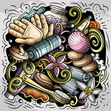 Massage hand drawn vector doodles illustration. Spa salon poster design. 스톡 일러스트