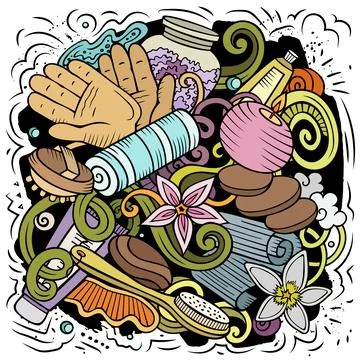 Massage hand drawn vector doodles illustration. Spa salon poster design. Illustrazione stock