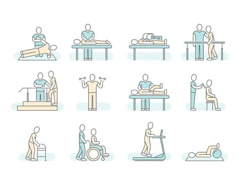 Massage therapy spa physiotherapy vector line medical icons. Therapeutic symbols Illustrazione stock