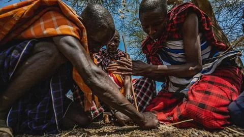 Massai making fire Stock Photos