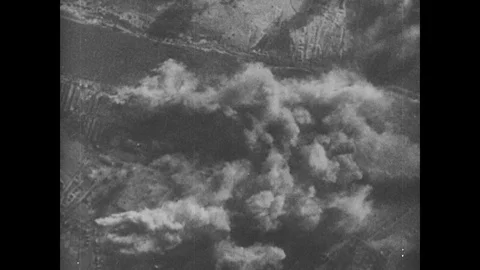 Massed Allied bomber squadron launch attack release bombs Video stock 103377296