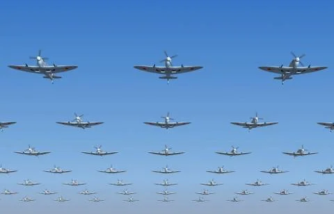 A massed formation of soviet version of Spitfire fighters flying overhead. 3d Stock Illustration