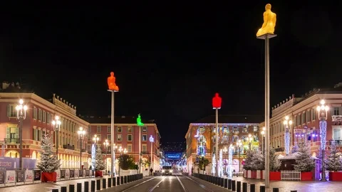 Massena square, a historic square in Nice, France. Christmas street decoration. Stock Footage 83844451