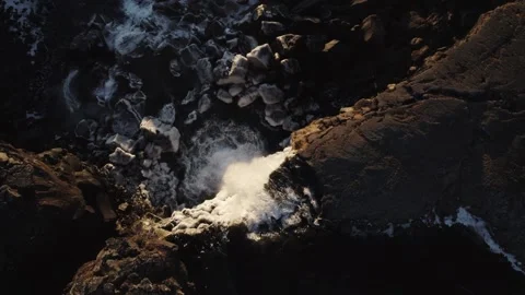 Masses of water rush down river, dramatic light waterfall, aerial top down 스톡 동영상 257881516