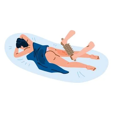 Masseuse using wooden roller doing anti cellulite massage on woman's leg Stock Illustration