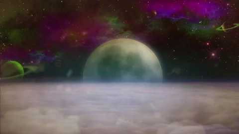 Massive Alien Satellite Planet Rising Over Purple Nebula Sky Above Clouds Stock Footage 341865302