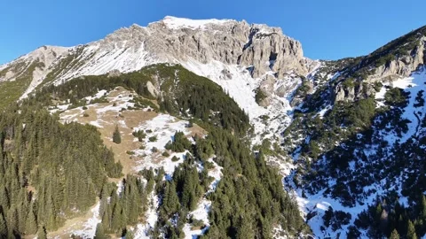 Massive Alpine Mountain Peak With Forest And Snow Patches Aerial View 스톡 동영상 329558204