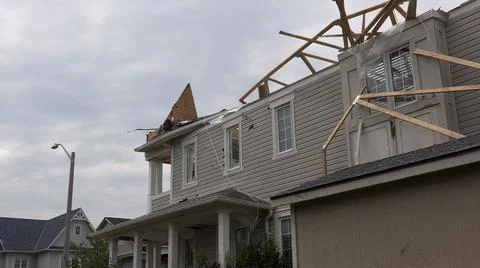 Massive Barrie storm and Tornado destruction in residential area Stock Photos