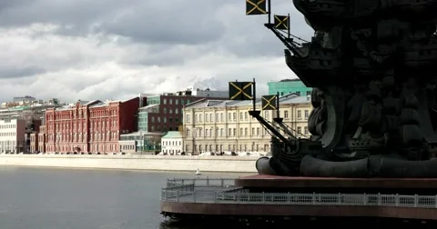 The massive base of the monument to Peter the Great,  Moscow river Stock Footage 68726952