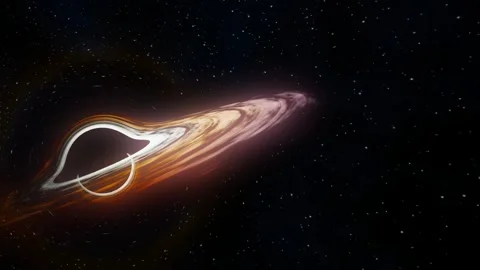 Massive black hole with glowing orange accretion disk in deep space 4K Stock Footage 340153938