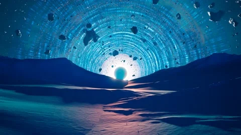 A massive black hole seen from planet surface absorbs rocks and nearest stars. Stock Footage 201159160