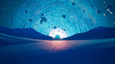 A massive black hole seen from planet surface absorbs rocks and nearest stars. Video stock 201159182