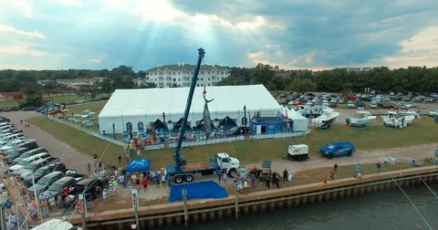 Massive blue marlin hanging from crane Stock Footage 80234983