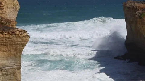 Massive Blue Waves Rolling and Crashing at London Arch Twelve Apostles Stock Footage 80624327