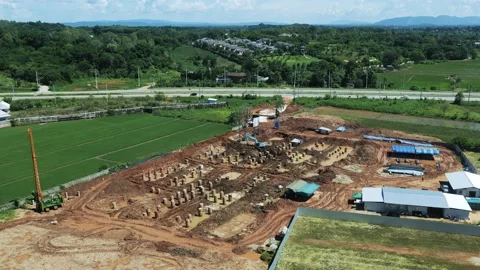 Massive building base site with reinforced steel concrete piles. Stock Footage 229066706