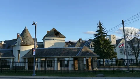 Massive building that have been destroyed by fire Stock Footage 139664341