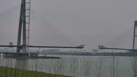 Massive Cable Stayed Bridge Under Construction Over Yangtze River 動画素材 332963808