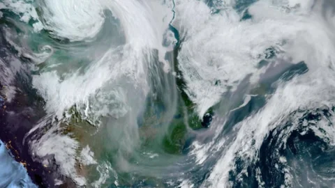 Massive Canadian forest fire smoke as seen on weather satellite and radar screen Stock Footage 310569361
