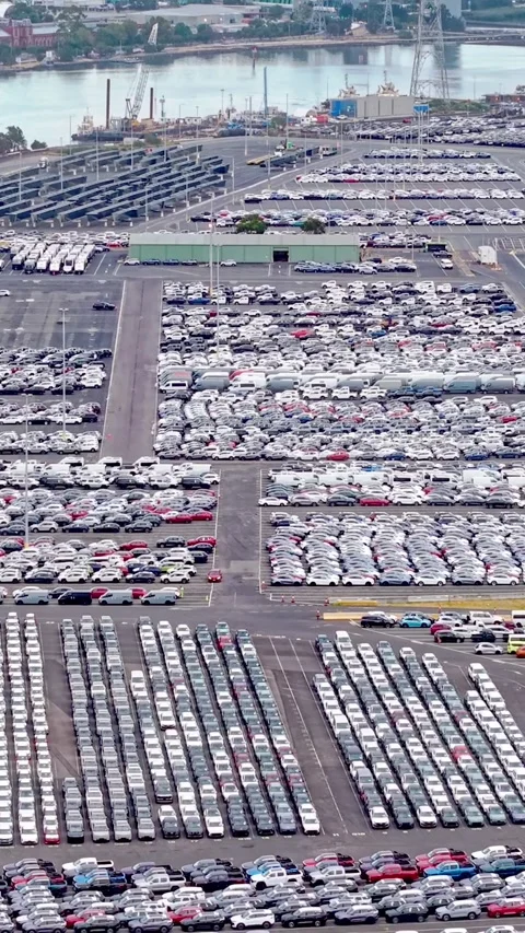 Massive car storage at Port of Melbourne vehicle terminal Stock Footage 332778604