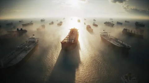 Massive Cargo Ships Waiting at Sea During Shipping Crisis Stock Footage 344862260