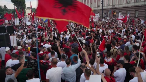 Massive crowd holding banners and flags protests government corruption outside Stock Footage 338033039