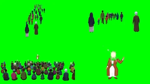 Massive crowd of people walking public gathering glowing holy figures 2d Stockbeeldmateriaal 334703081
