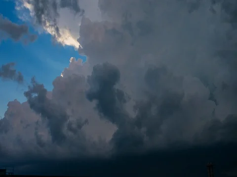 Massive dark clouds before thunder cover blue sky Video stock 78734226