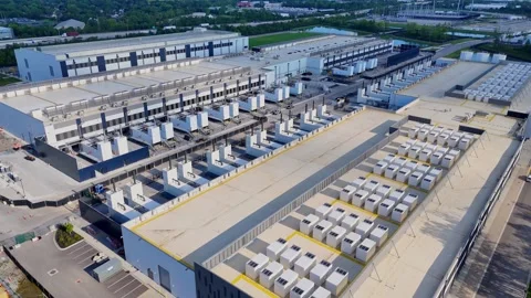 Massive data center complex with cooling systems, providing cloud storage and Stock Footage 346148119