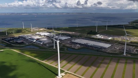 Massive data center, computing center, aerial video in the Eemshaven, The Stock Footage 314316893
