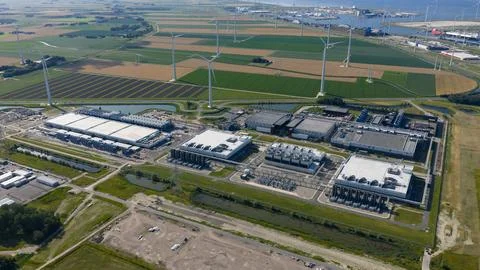Massive data center, computing center, aerial video in the Eemshaven, The Stock Photos