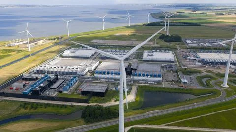 Massive data center, computing center, aerial video in the Eemshaven, The Stock Photos