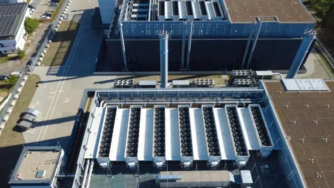 Massive Data Center Cooling Systems near Frankfurt – Aerial Flyover Stock Footage 346918195