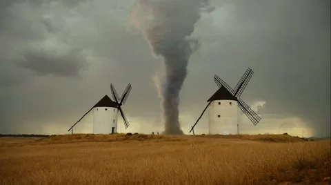 Massive devastating Tornado in a rural landscape with windmills Stock Footage 68777423