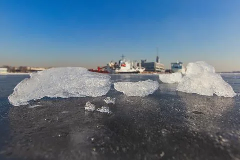 Massive different ship vessels trapped in ice tries to break and leave the ba Stock Photos