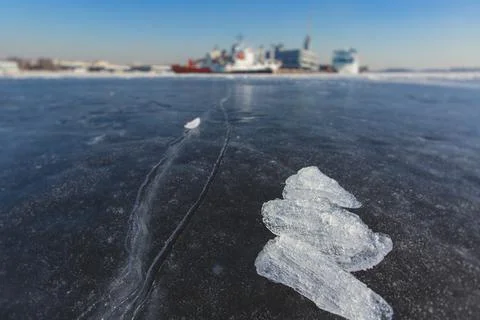 Massive different ship vessels trapped in ice tries to break and leave the ba Stock Photos